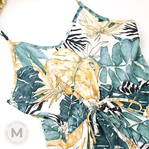 White Green Tropical Print Ruffle High Low Dress - Picture 5 of 9